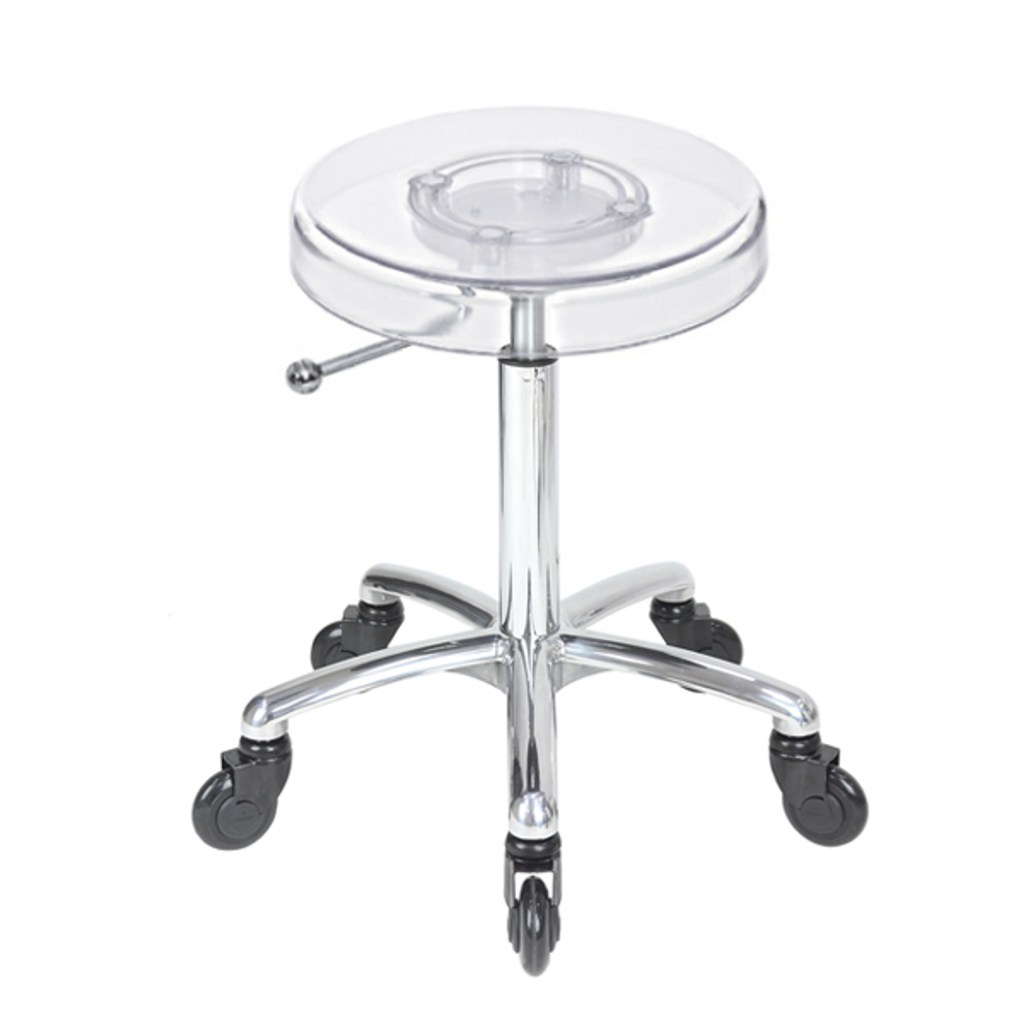 Clear Salon Stool, Chrome Base Stool, Click’n Clean Wheels Stool, Hairdressing Stool, Beauty Salon Stool, Rolling Salon Chair,
