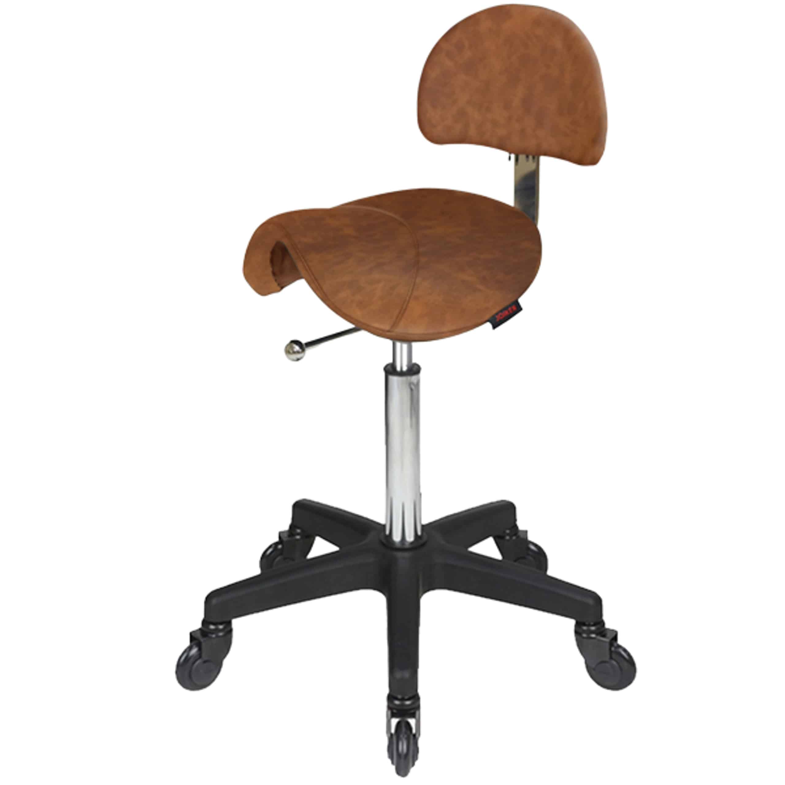 saddle_BACK_Tan_black_CC__43139 Saddle Stool with Back Tan - Black Base - Click'n Clean Castor Wheels - Image 1