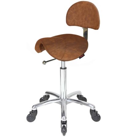 Saddle Stool with Back, Tan Salon Saddle Stool, Chrome Base Beauty Stool, Click’n Clean Castor Stool, Ergonomic Salon Stool, Rolling Saddle Chair