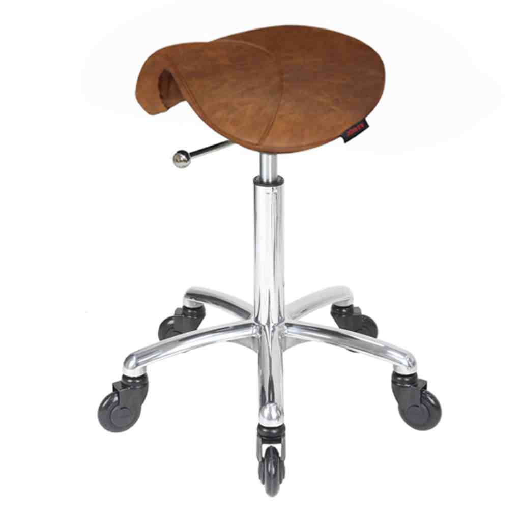 Tan Saddle Stool, Chrome Base Salon Stool, No Back Saddle Chair, Click’n Clean Wheels Stool, Ergonomic Beauty Stool, Rolling Salon Stool