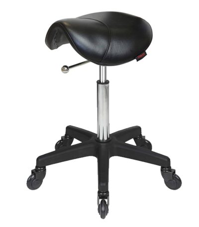 Black Saddle Stool, No Back Salon Stool, Black Base Beauty Stool, Click’n Clean Castor Wheels, Rolling Saddle Chair, Ergonomic Salon Stool