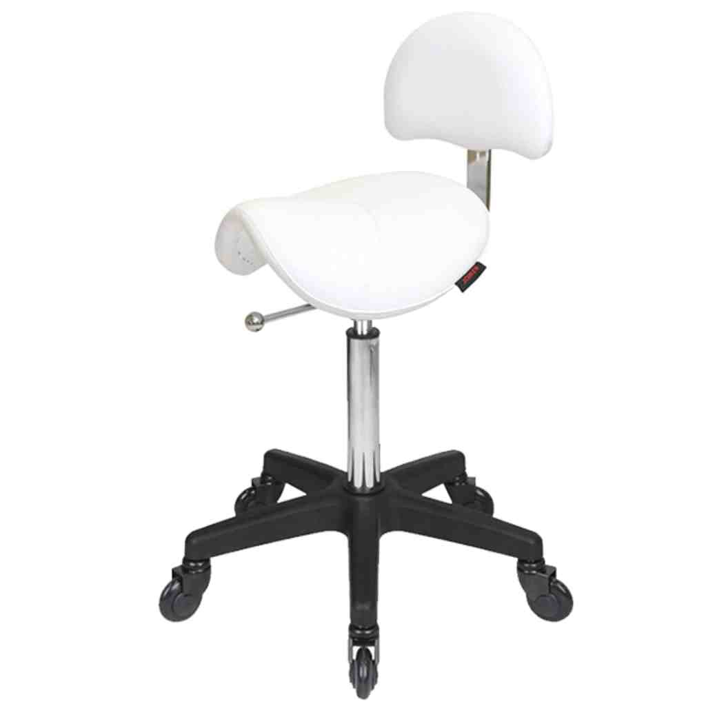 White Saddle Stool with Back, Black Base Salon Stool, Click’n Clean Castor Wheels, Ergonomic Beauty Stool, Rolling Saddle Chair, Salon Stool with Back Support