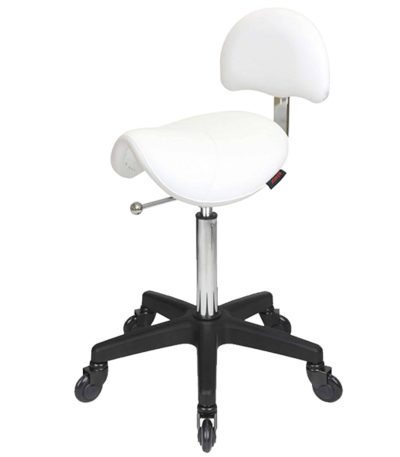 White Saddle Stool with Back, Black Base Salon Stool, Click’n Clean Castor Wheels, Ergonomic Beauty Stool, Rolling Saddle Chair, Salon Stool with Back Support