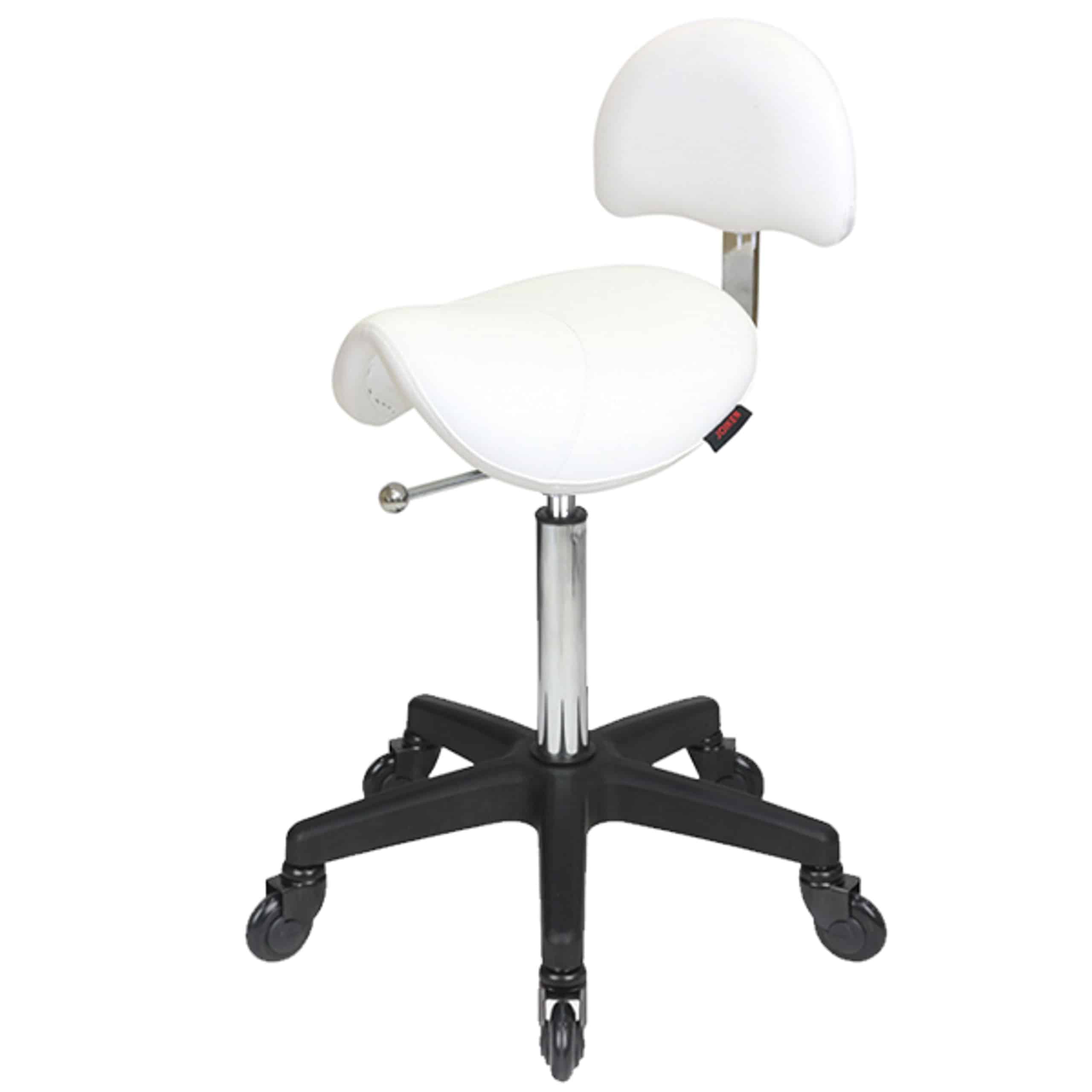 white_saddle_back_blackchrome_cc__69263 Saddle Stool with Back White- Black Base - Click'n Clean Castor Wheels - Image 1