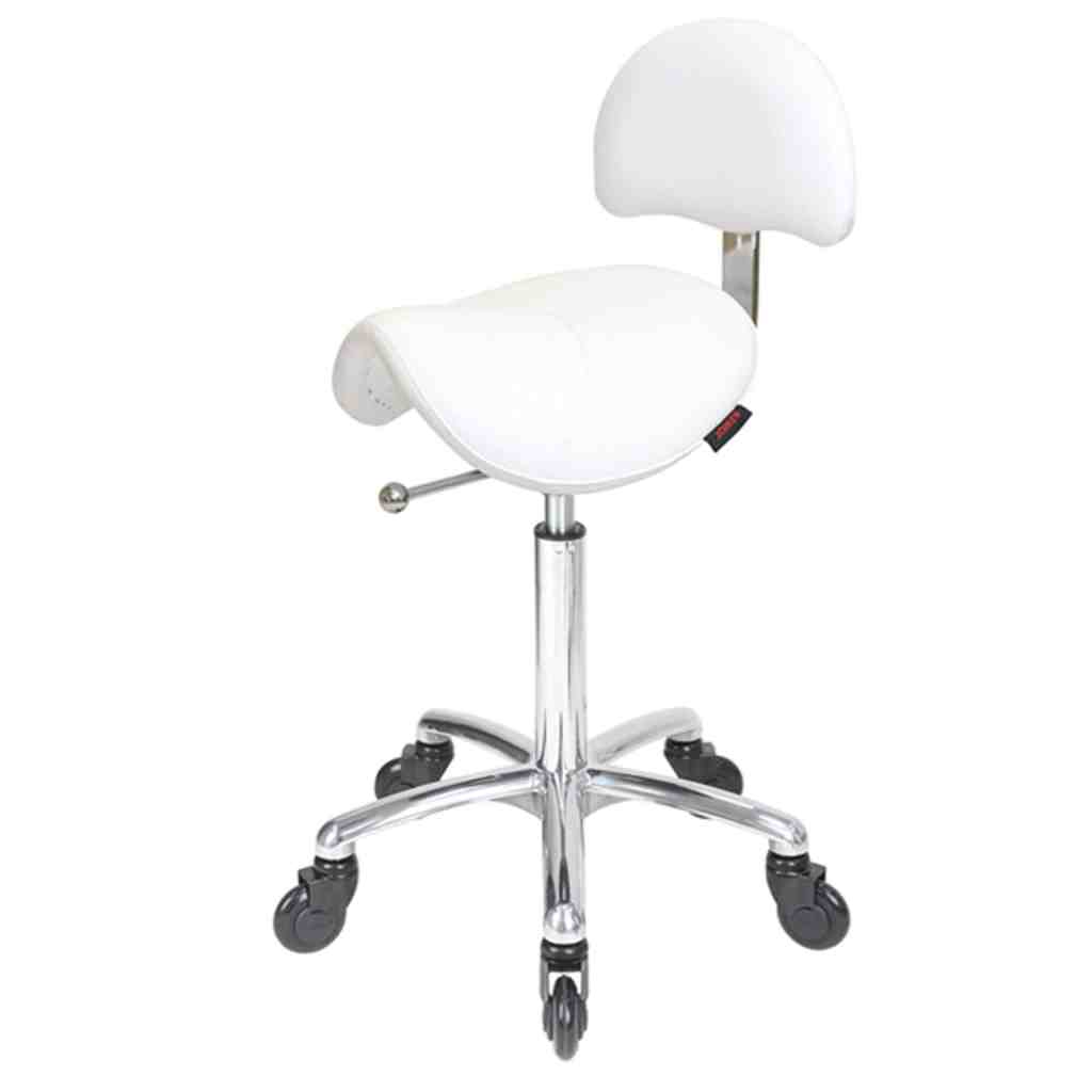 White Saddle Stool with Back, Chrome Base Salon Stool, Click’n Clean Castor Wheels, Ergonomic Beauty Stool, Rolling Saddle Chair, Salon Stool with Back Support