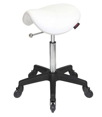 White Saddle Stool, No Back Beauty Stool, Black Base Salon Stool, Click’n Clean Castor Wheels, Ergonomic Saddle Chair, Rolling Salon Stool