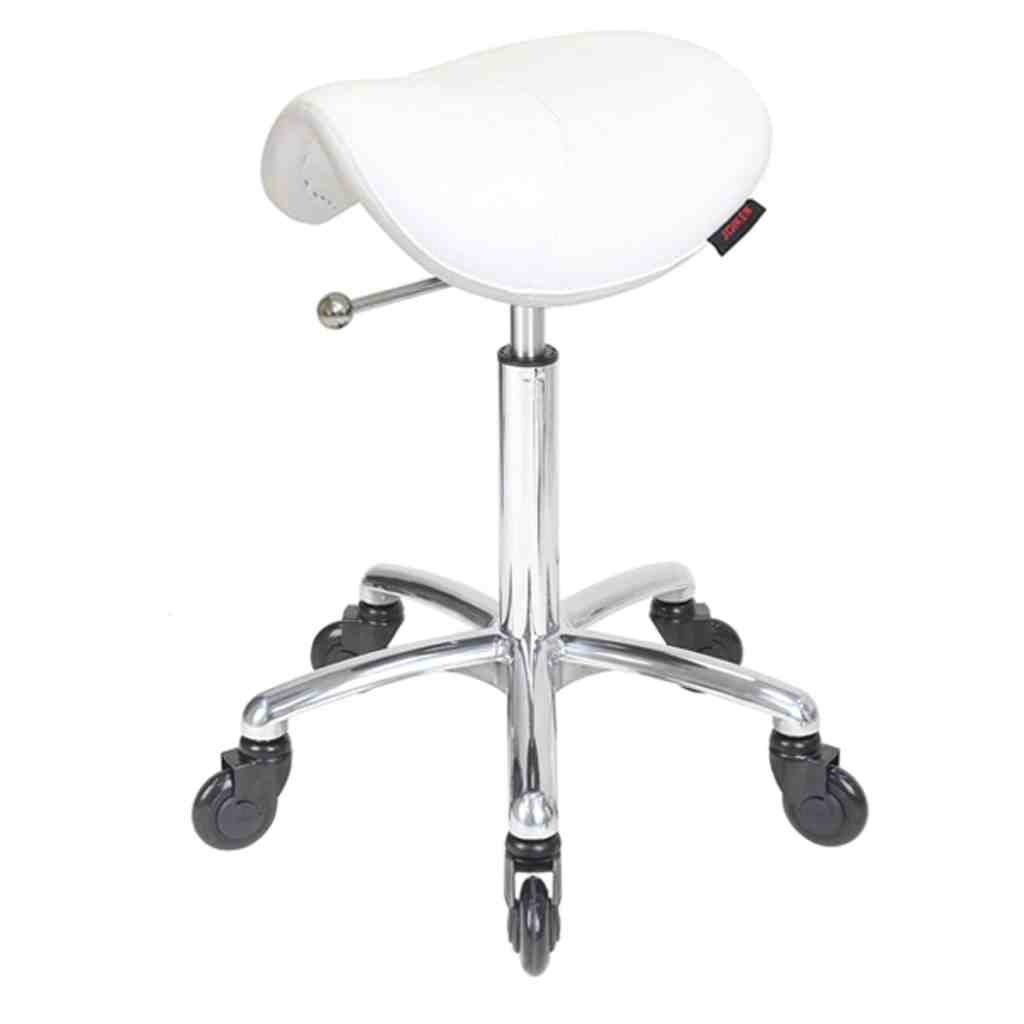 White Saddle Stool, No Back Salon Stool, Chrome Base Beauty Stool, Click’n Clean Castor Wheels, Rolling Saddle Chair, Ergonomic Salon Stool