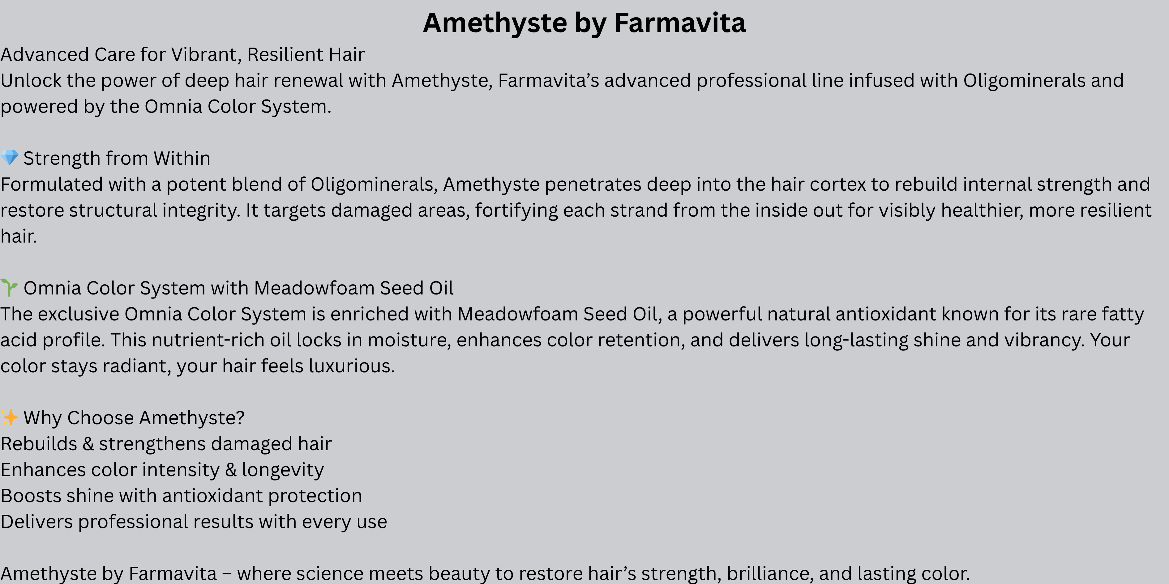 Amethyste hair products, Farmavita Amethyste, Amethyste professional haircare, Amethyste range Australia, Farmavita Amethyste shampoo