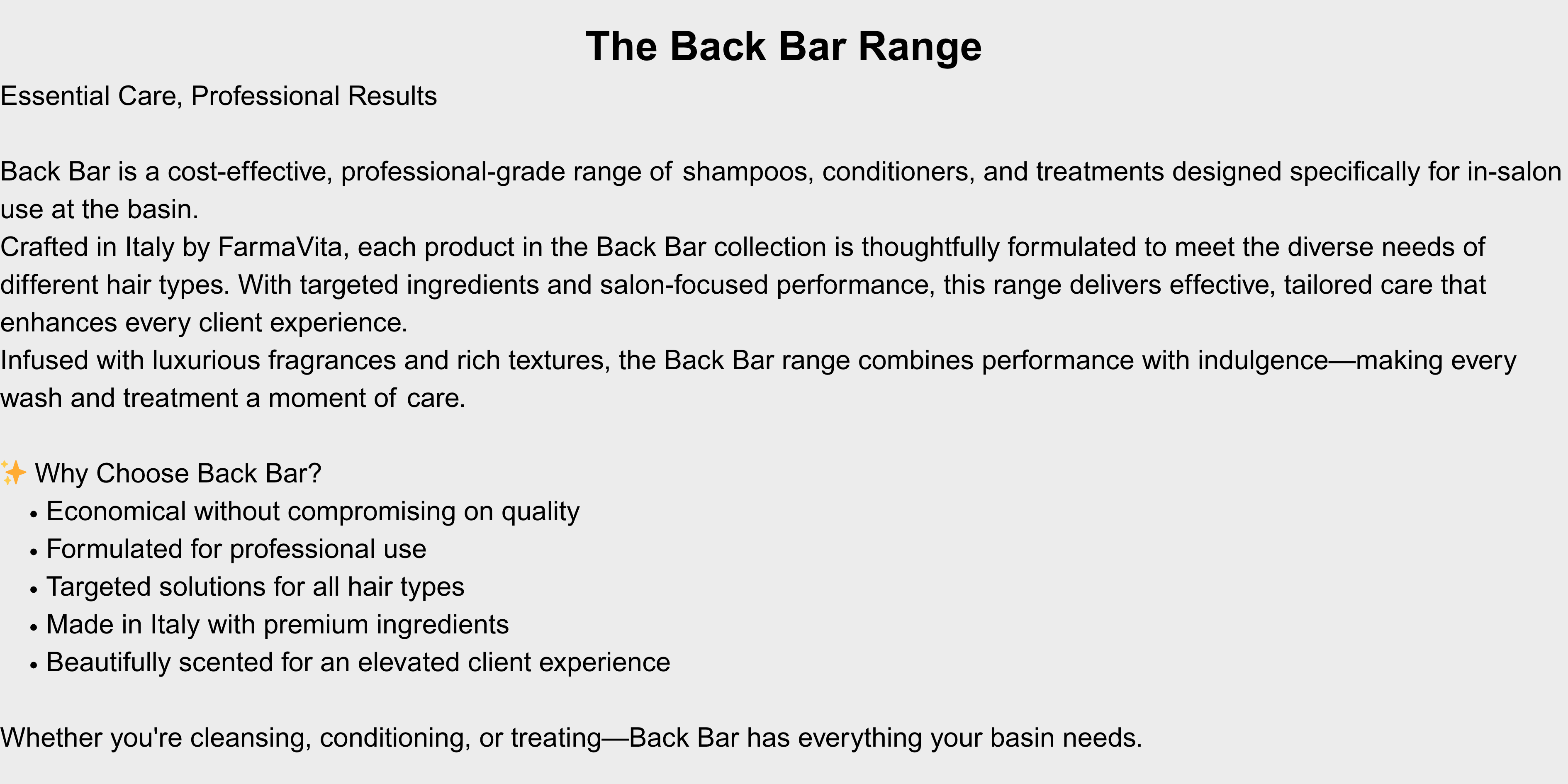 Farmavita Back Bar, Back Bar haircare range, Farmavita Backbar products, Professional back bar shampoo, Back bar salon treatments