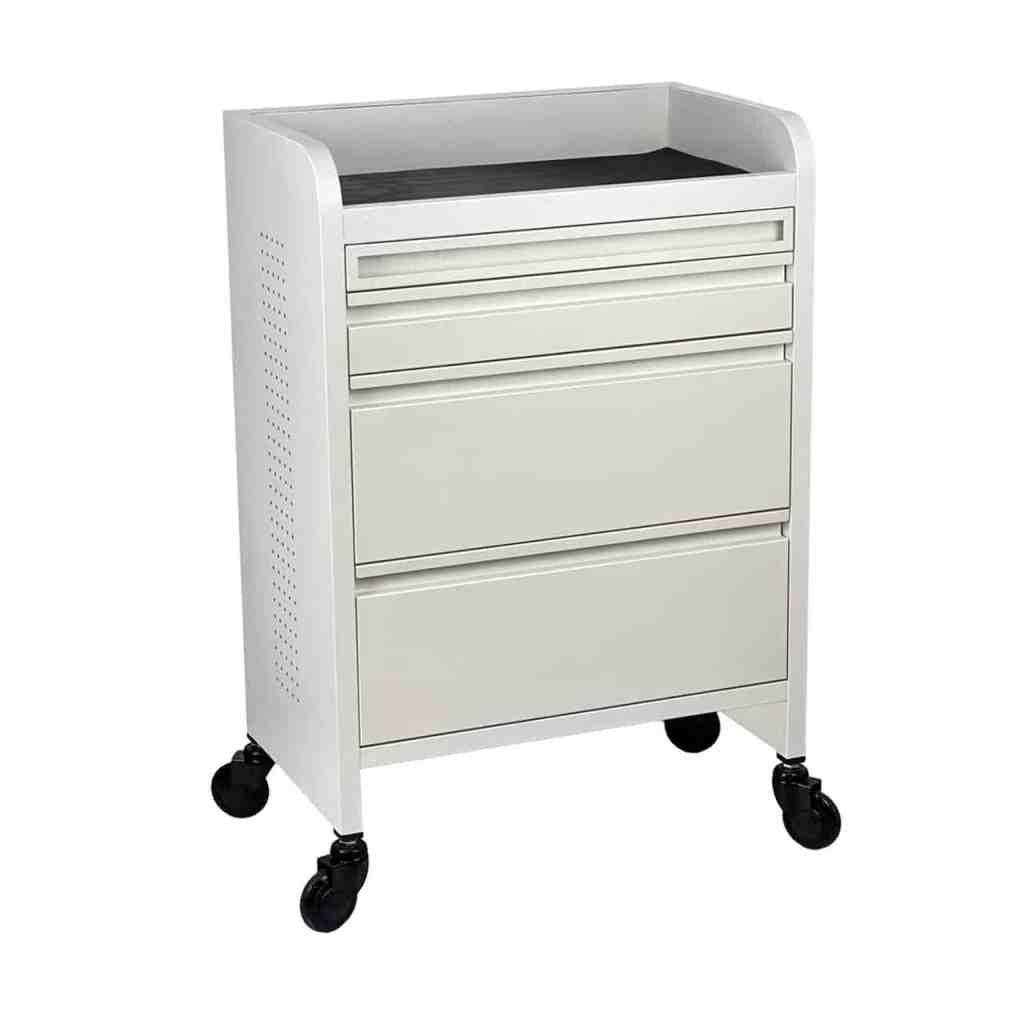 Fusion PLUS White 4 Drawer Hairdressing Trolley,Hairdressing trolley with Click’n Clean wheels,White salon beauty trolley,4 drawer salon trolley,Beauty trolley with castor wheels,Professional hairdresser trolley,Salon trolley white drawers
