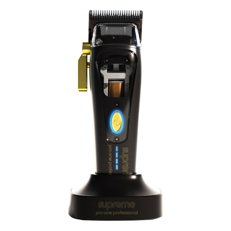 op the Pro-One Supreme Cordless Clipper with a powerful 13,000 RPM motor, Japanese 440C DLC blades, lithium battery, and 120-minute runtime for professional precision cutting.